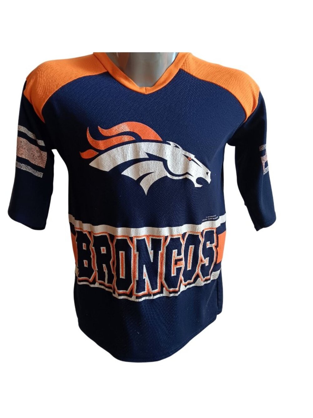 Vtg 90's Denver Broncos Jersey V-Neck Fan T-Shirt By Team Glasgow AOP Colorblock